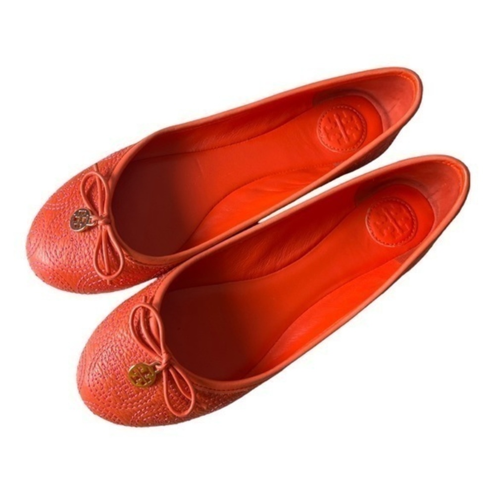 Tory Burch Chelsea Stitched Logo Fire Orange Leather Ballerina Flat Size 8.5 M